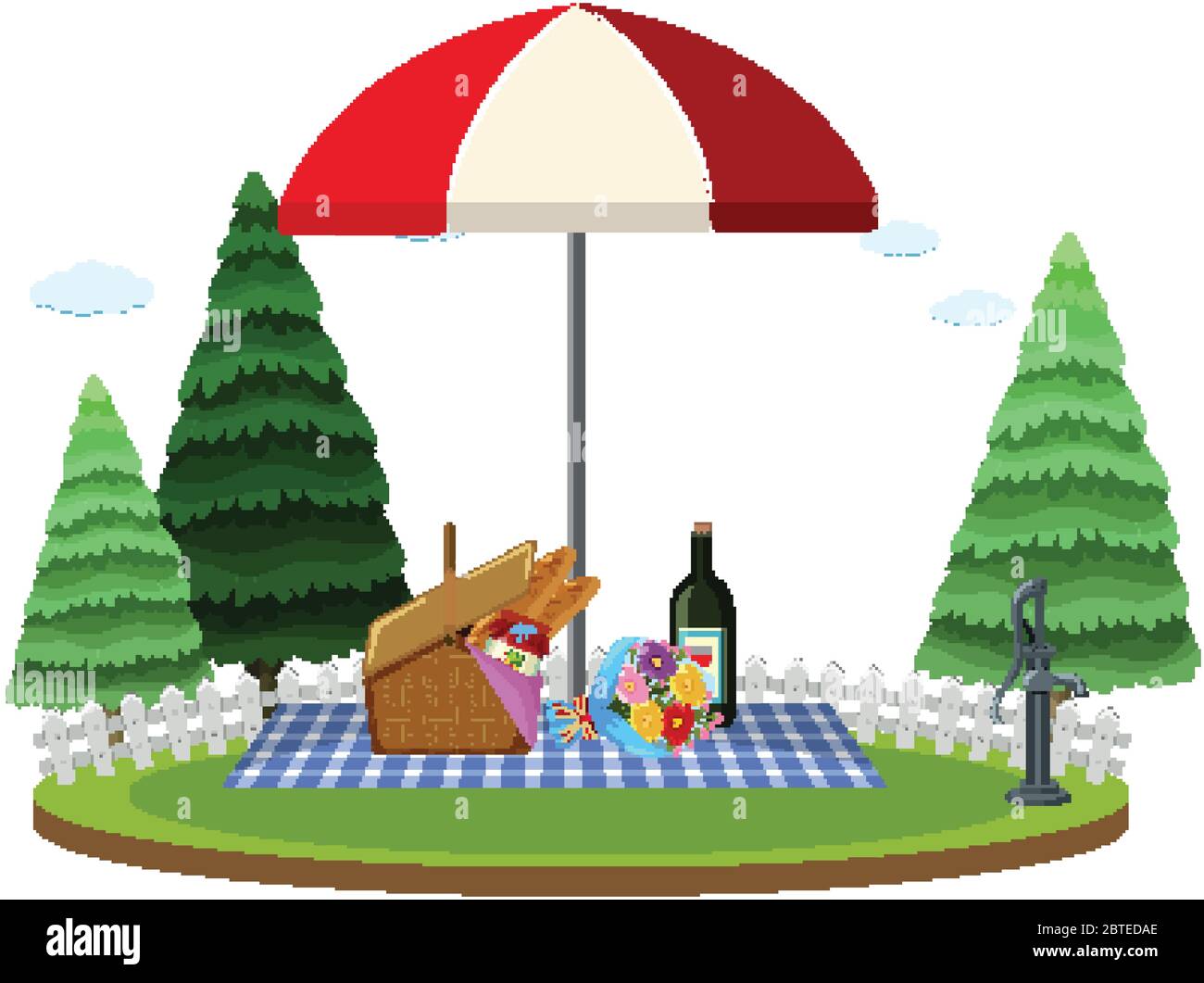 Scene with food in basket and bottle of wine for picnic illustration ...