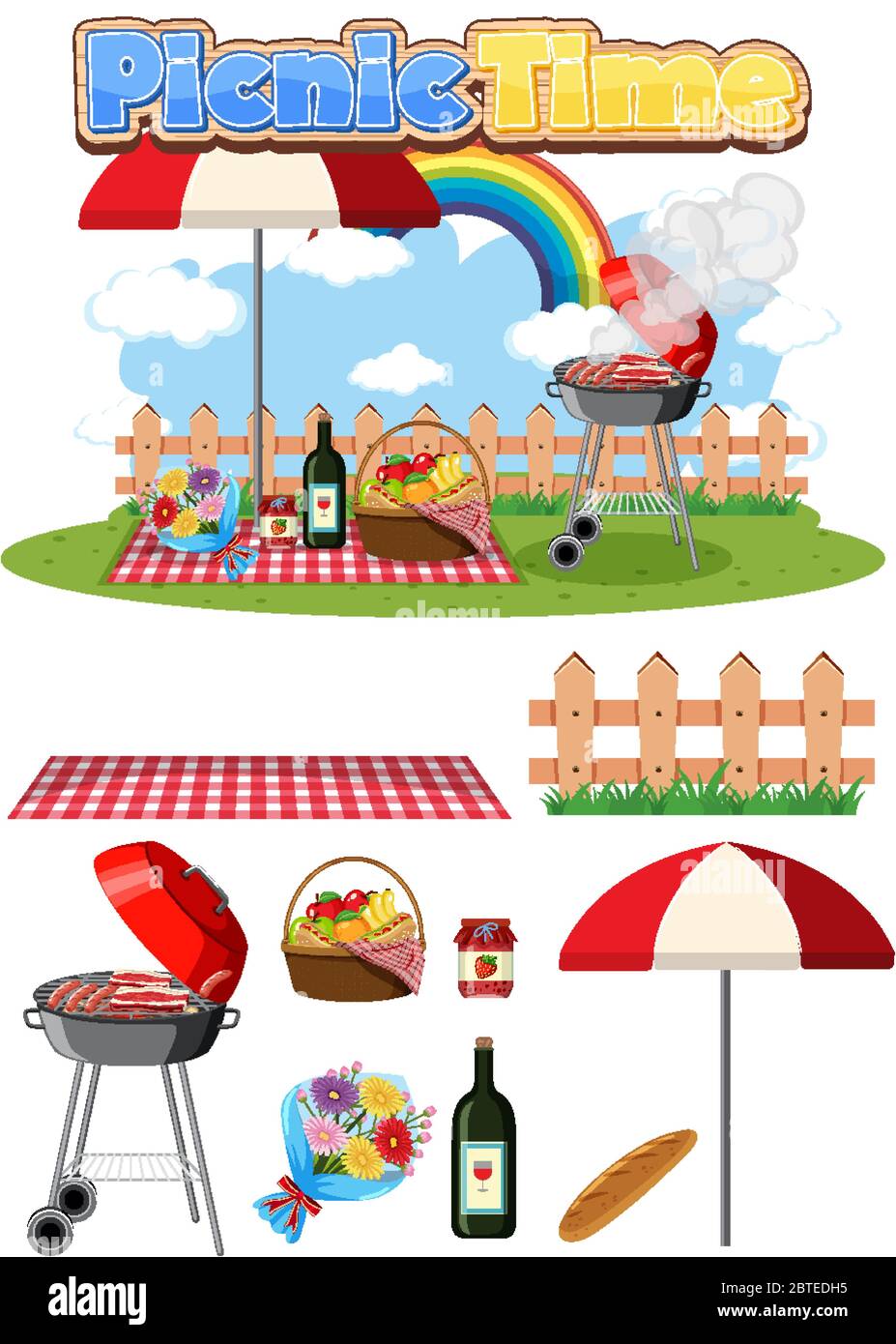 Picnic set with BBQ grill and food on white background illustration ...