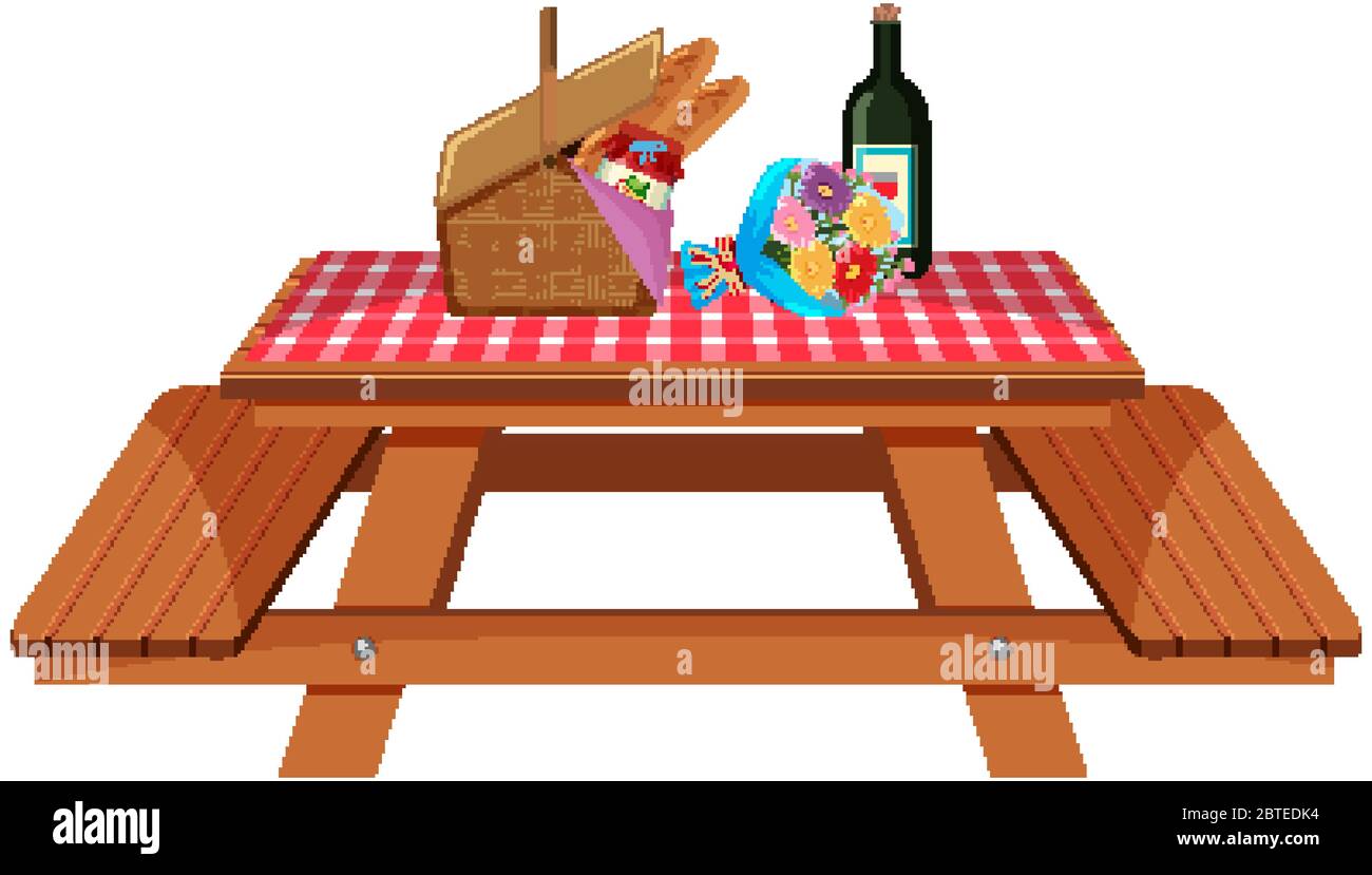 Picnic table with food and flowers on white background illustration ...