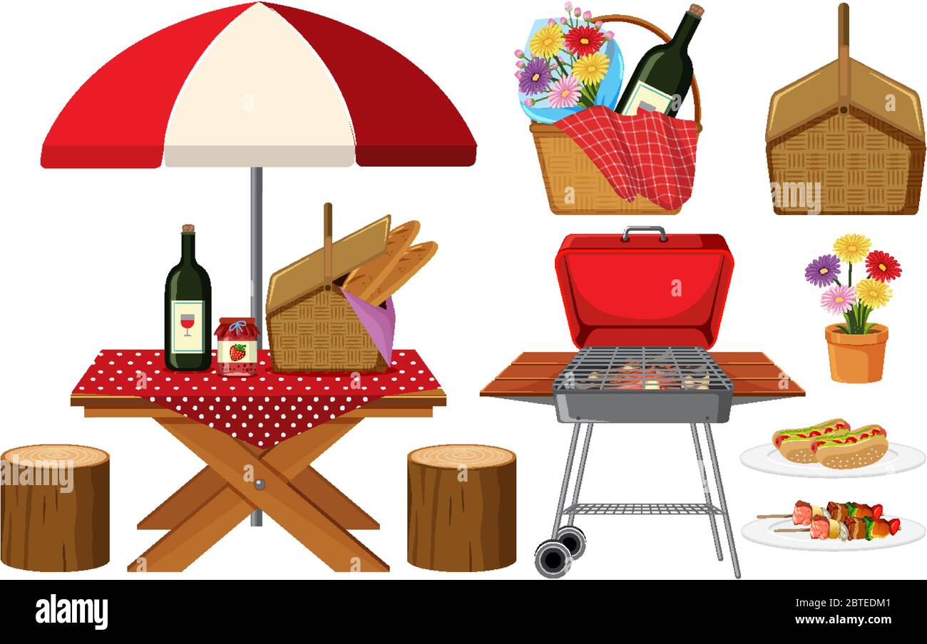 Picnic set with BBQ grill and food on white background illustration ...
