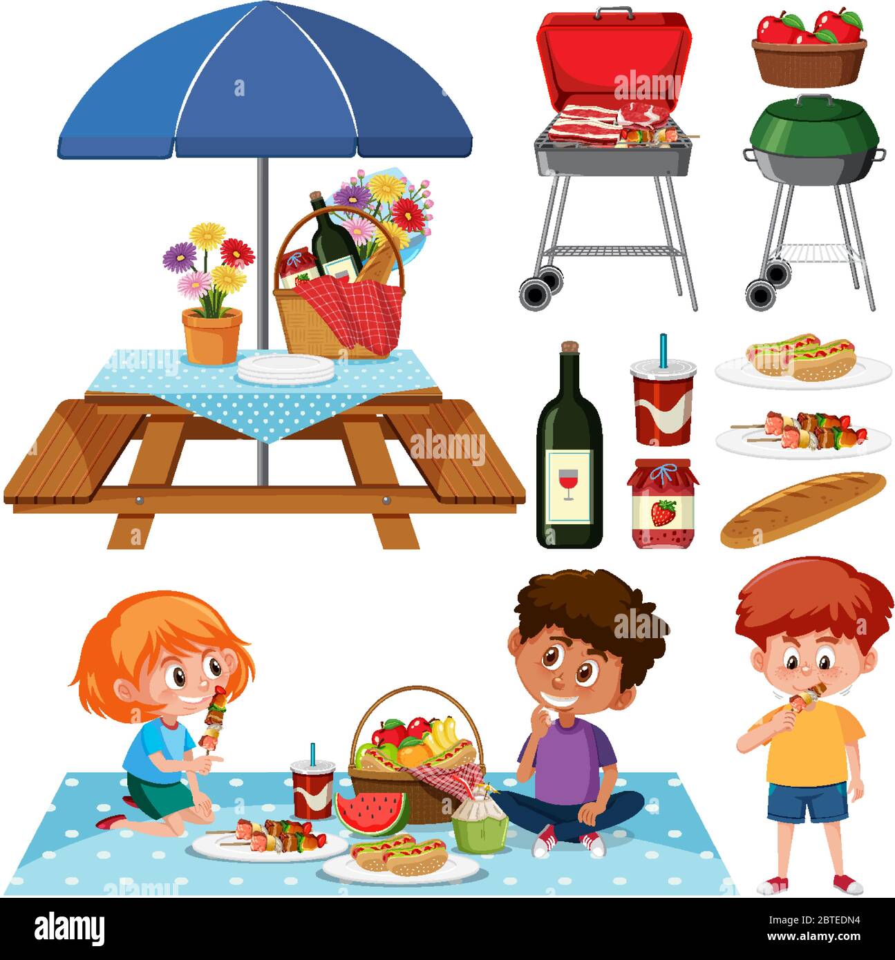 Picnic set with BBQ grill and food on white background illustration ...
