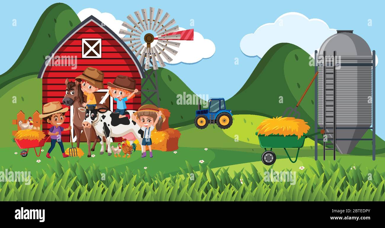 Farm scene with many children and animals on the farm illustration ...