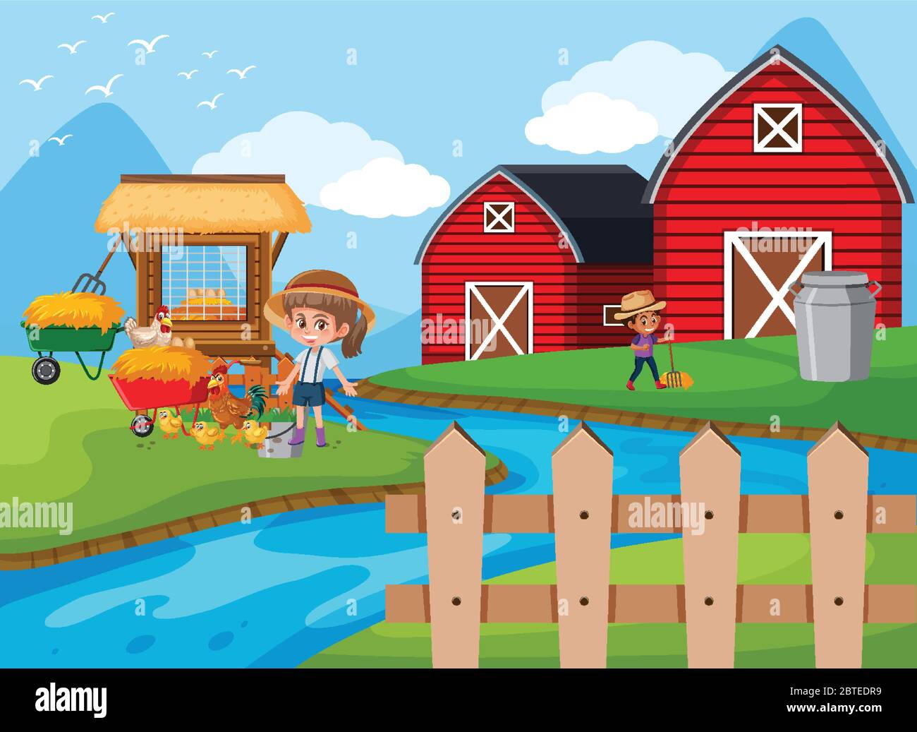 Farm scene with happy kids working on the farmland illustration Stock ...
