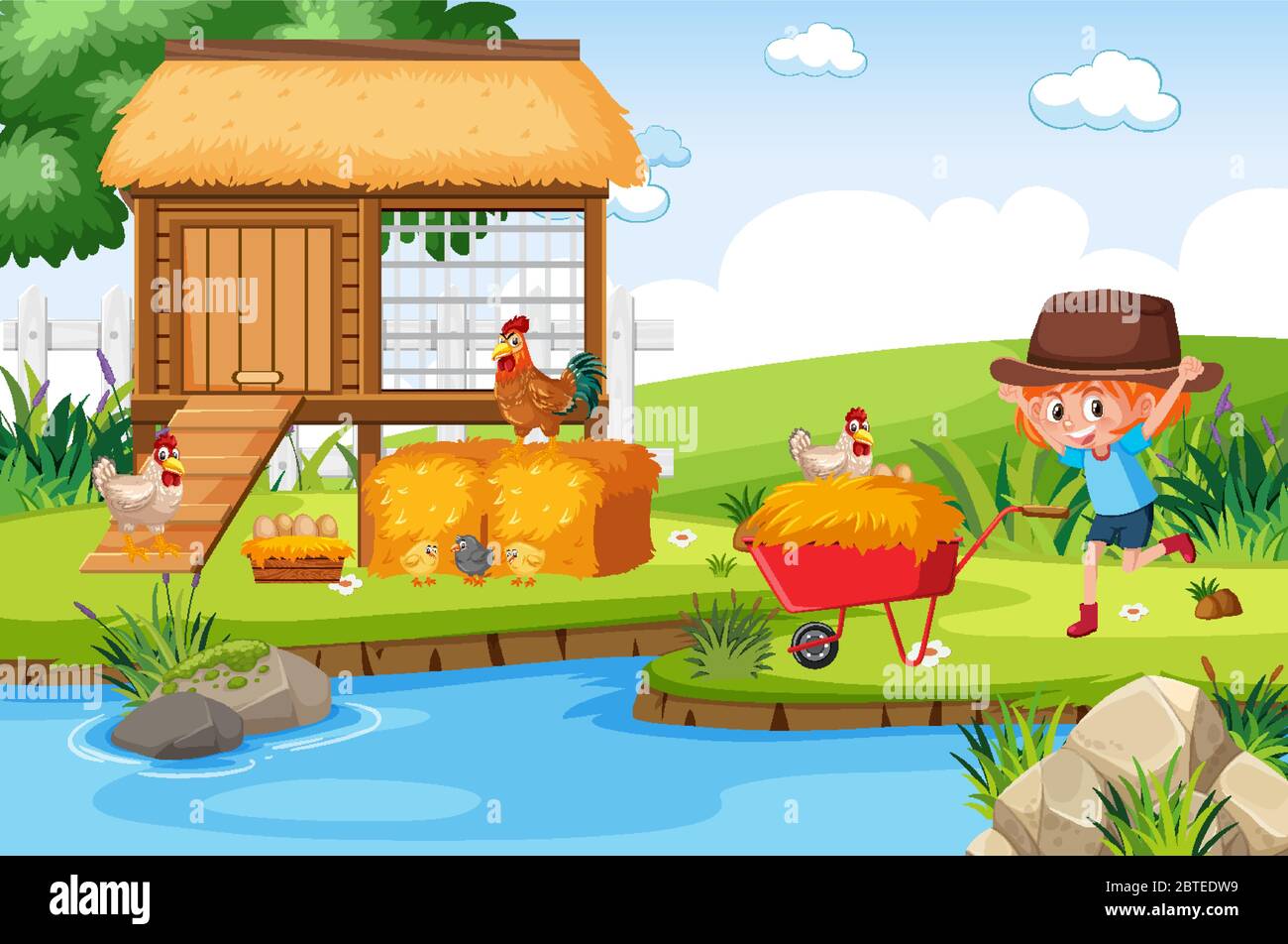 Farm scene with girl and chickens by the river illustration Stock ...