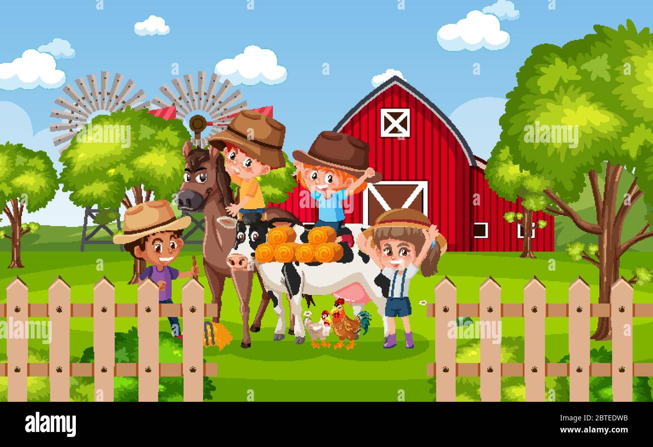 Background scene with kids and animals on the farm illustration Stock ...