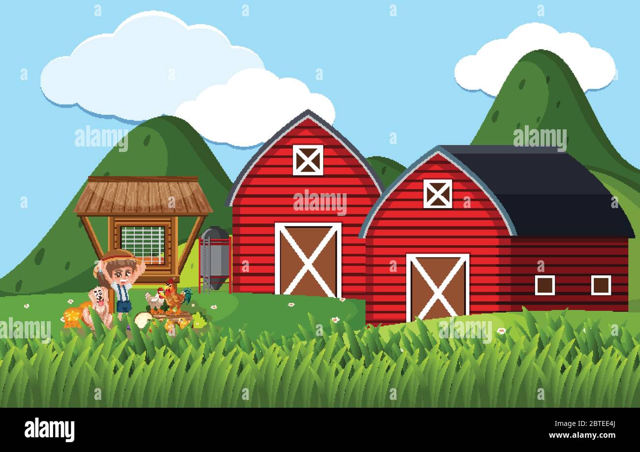 Farm scene with girl and chickens on the farm illustration Stock Vector ...