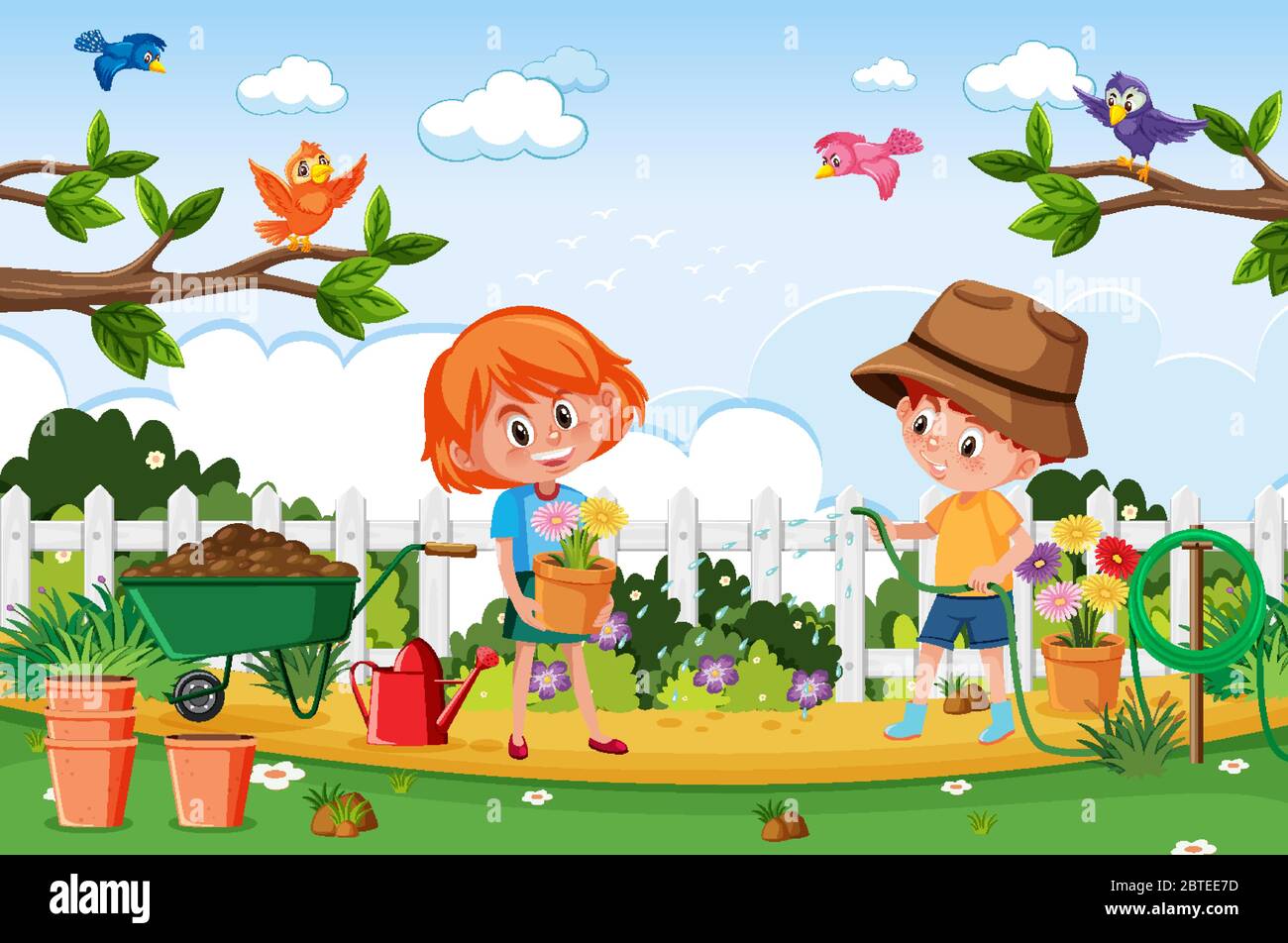 Background scene with kids planting in the park illustration Stock