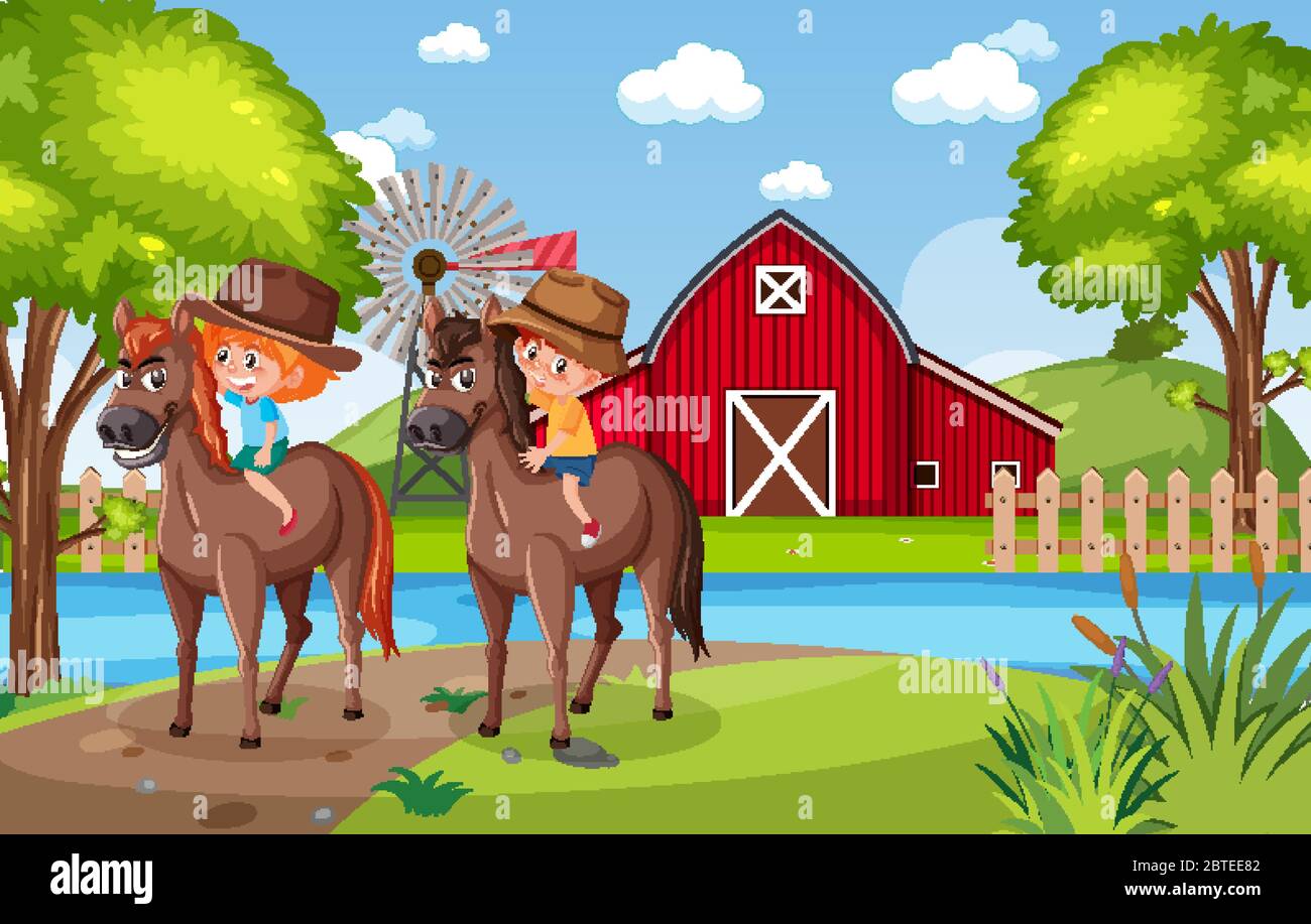 Background Riding Park Background scene with kids riding horses in the park illustration Stock ...