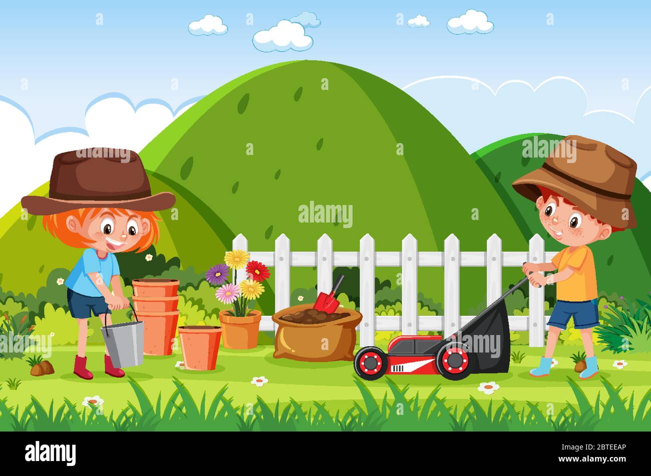 Background scene with kids planting in the park illustration Stock ...