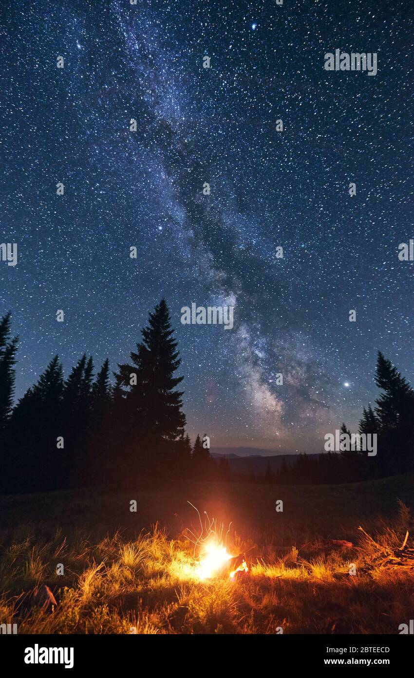 Tourist Camping Near Forest In Dark Warm Summer Night Bright Campfire Burning Under Beautiful Magical Night Sky Full Of Stars And Shiny Milky Way Concept Of Camping Tourism Stock Photo Alamy