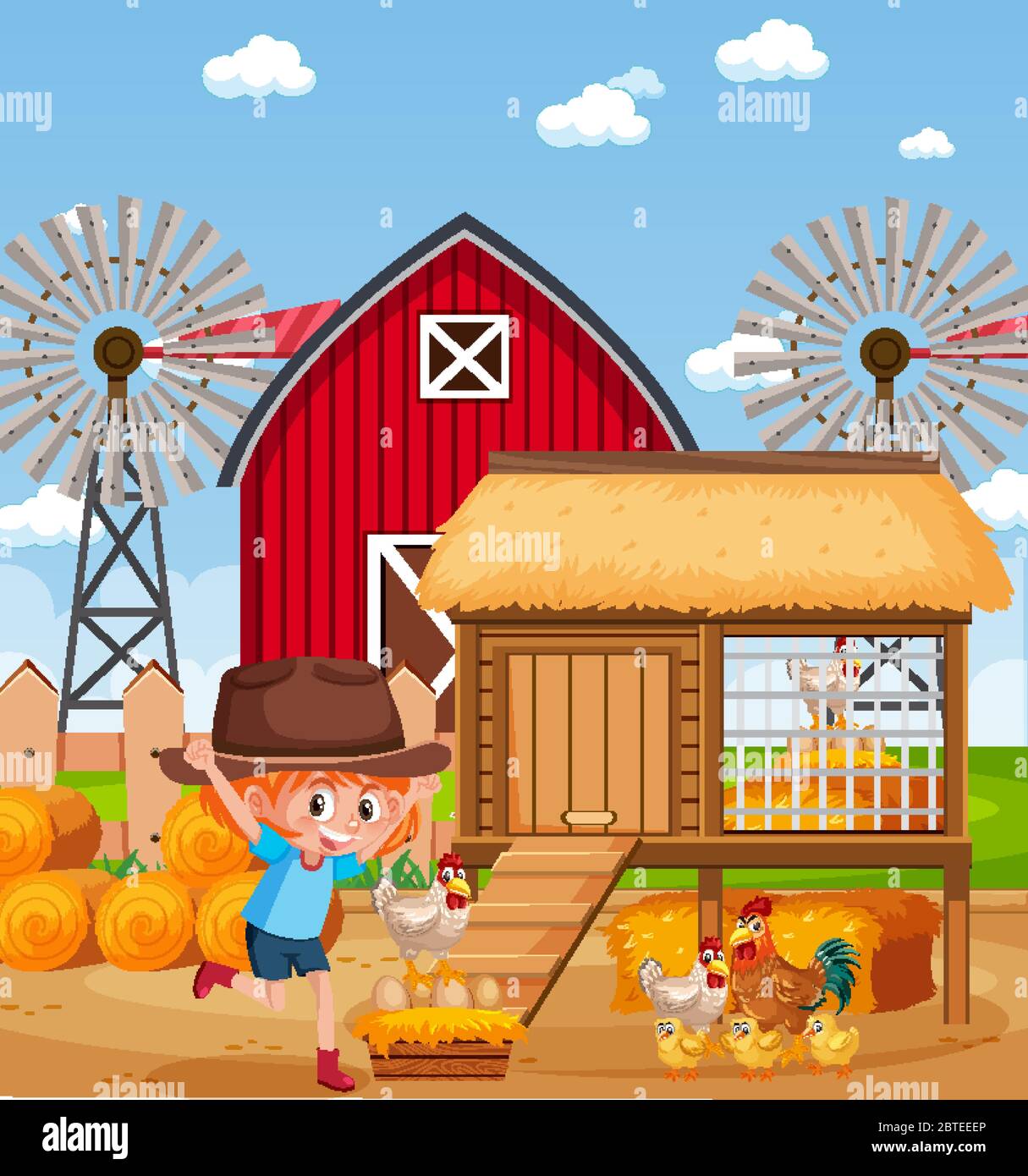 Scene with little girl and chickens on the farm illustration Stock ...
