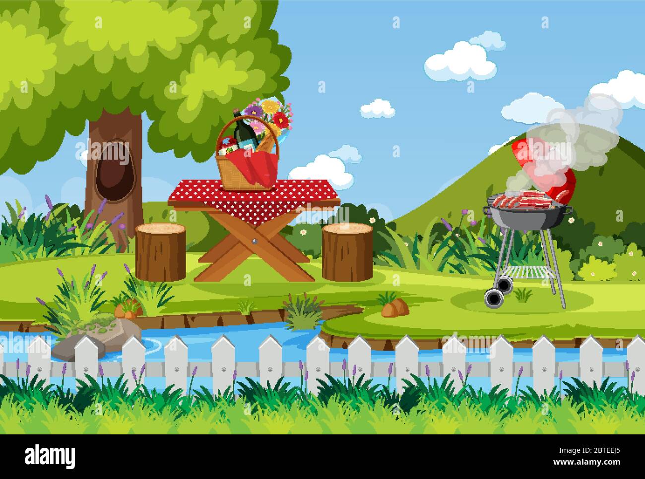 Scene with BBQ grill and food on picnic table illustration Stock Vector ...