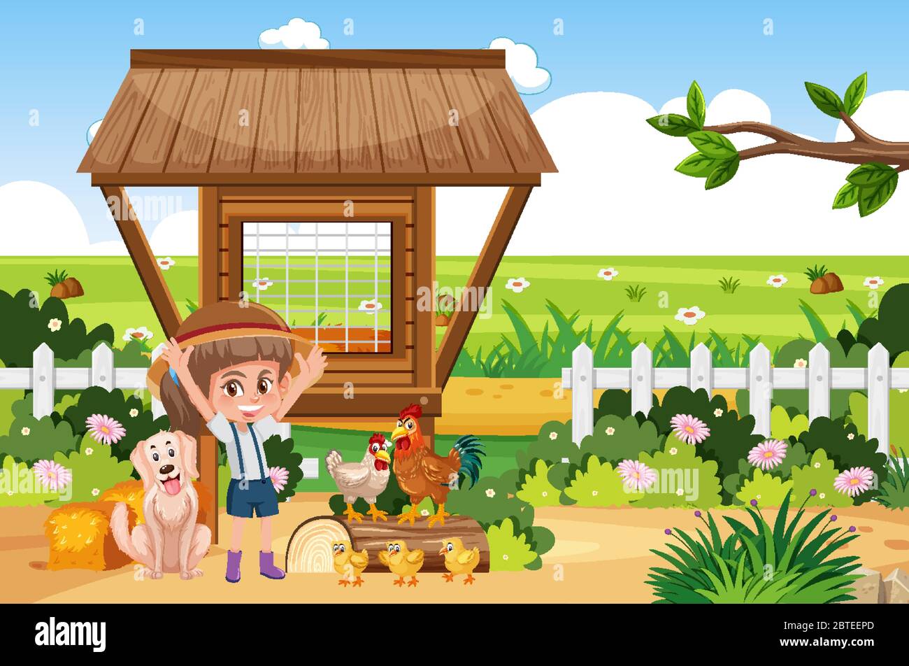 Farm scene with girl and many animals  illustration Stock Vector