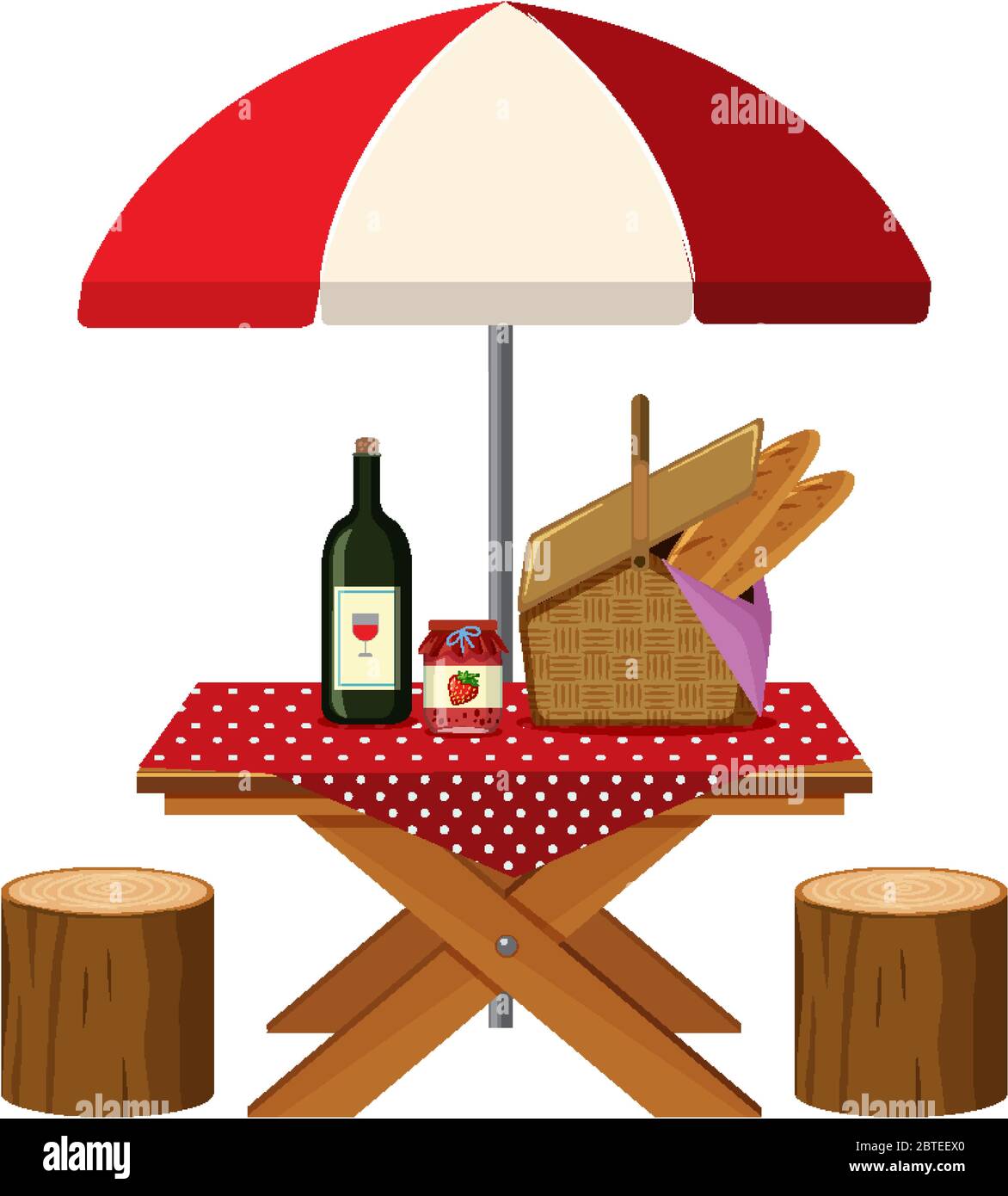 Picnic table with food and wine on white background illustration Stock ...