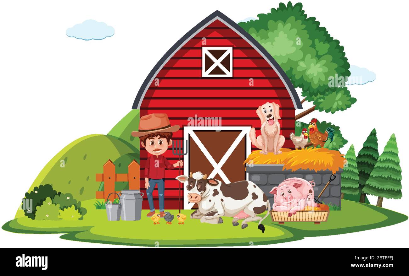 Farm scene with farmer and animals on the farm illustration Stock ...