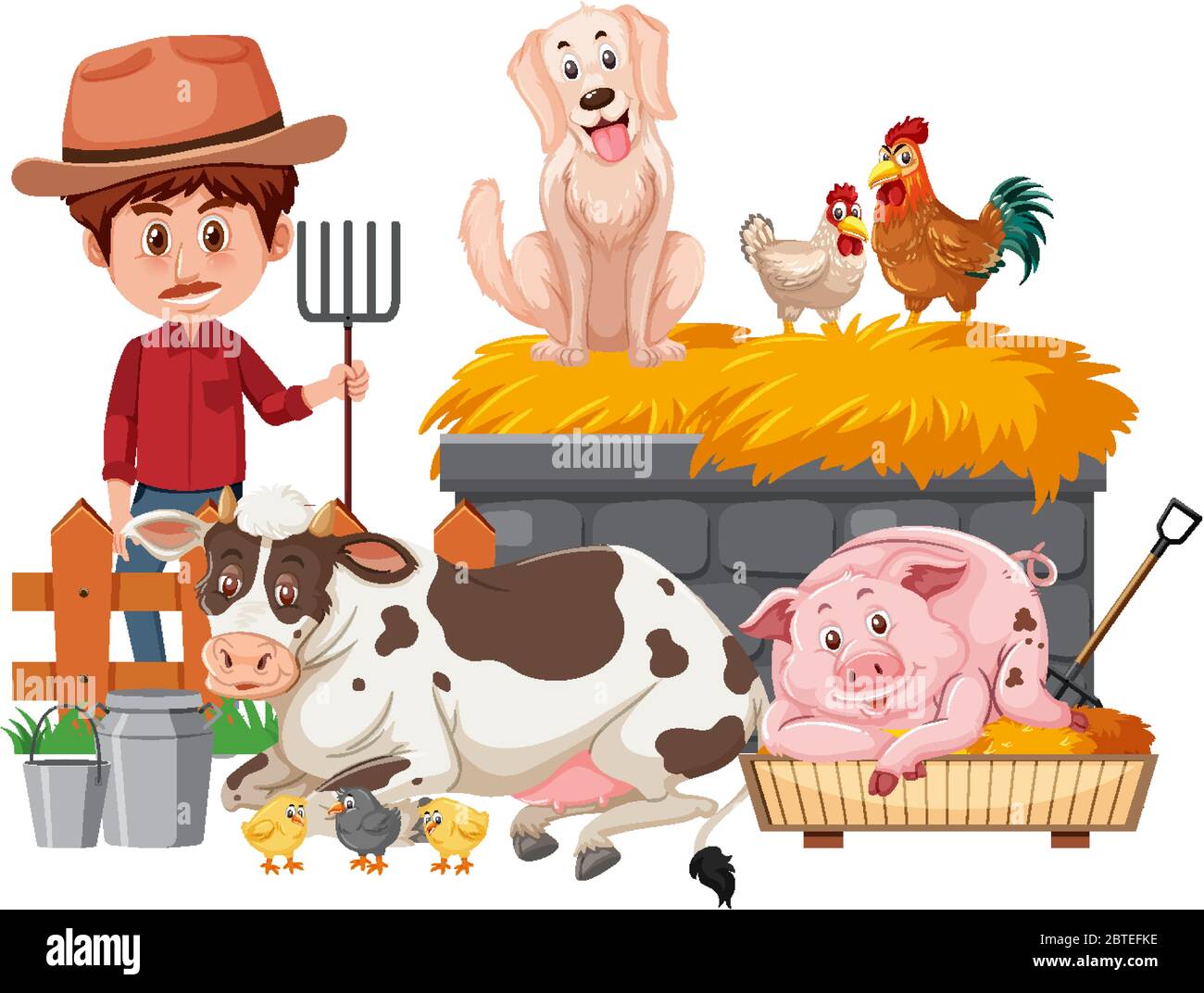 Farmer and many animals on white background illustration Stock Vector