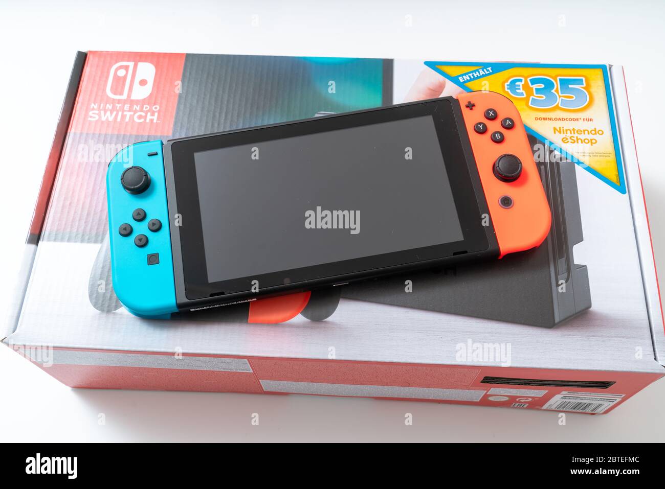 Nintendo Switch video game console developed by Nintendo, released on March  3, 2017 on a white background. Germany, Berlin - June 30, 2019: Nintendo  Switch Joy-con controller on a white background Stock Photo