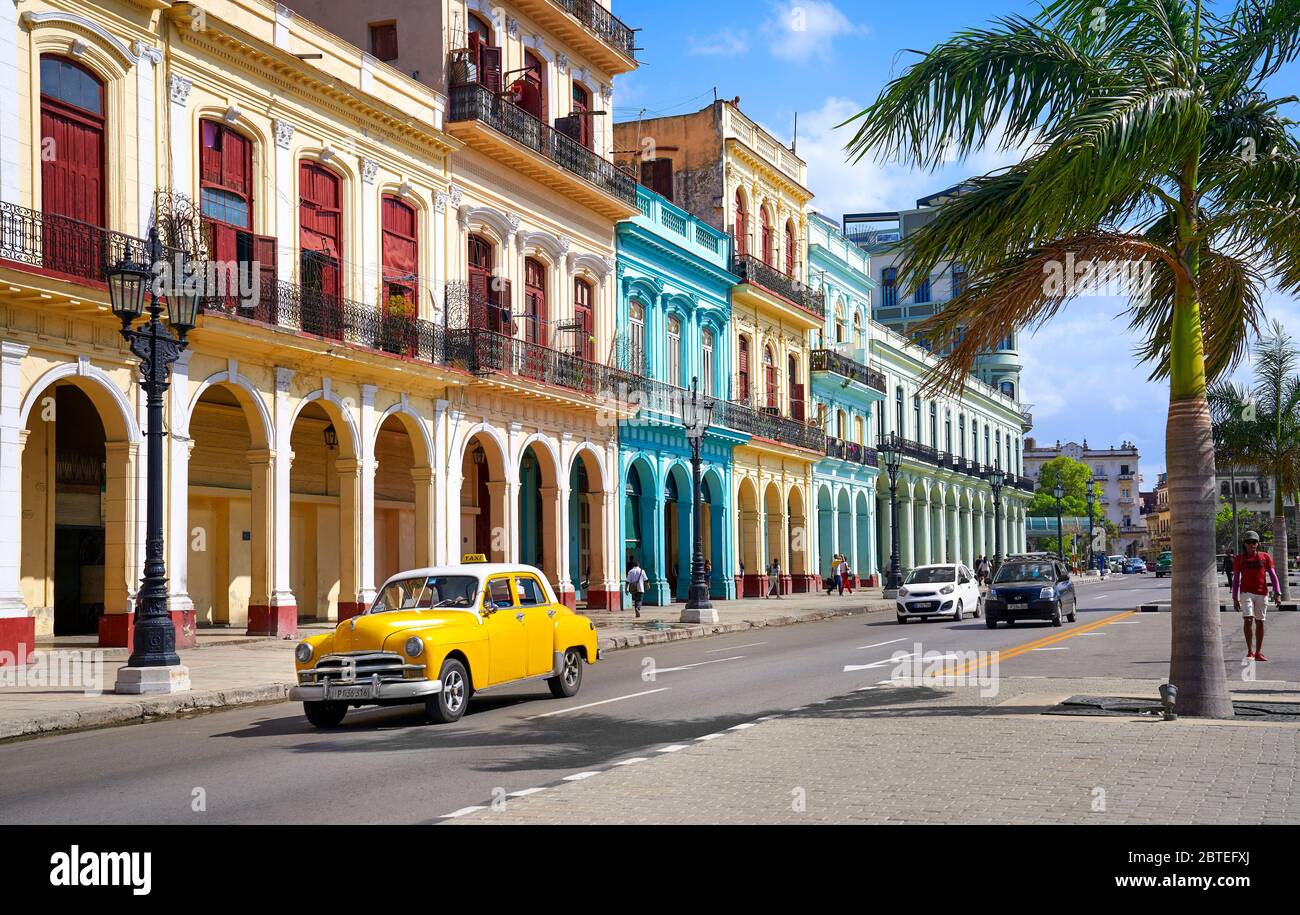 Yellow American Car on the street, Havana, Cuba Stock Photo