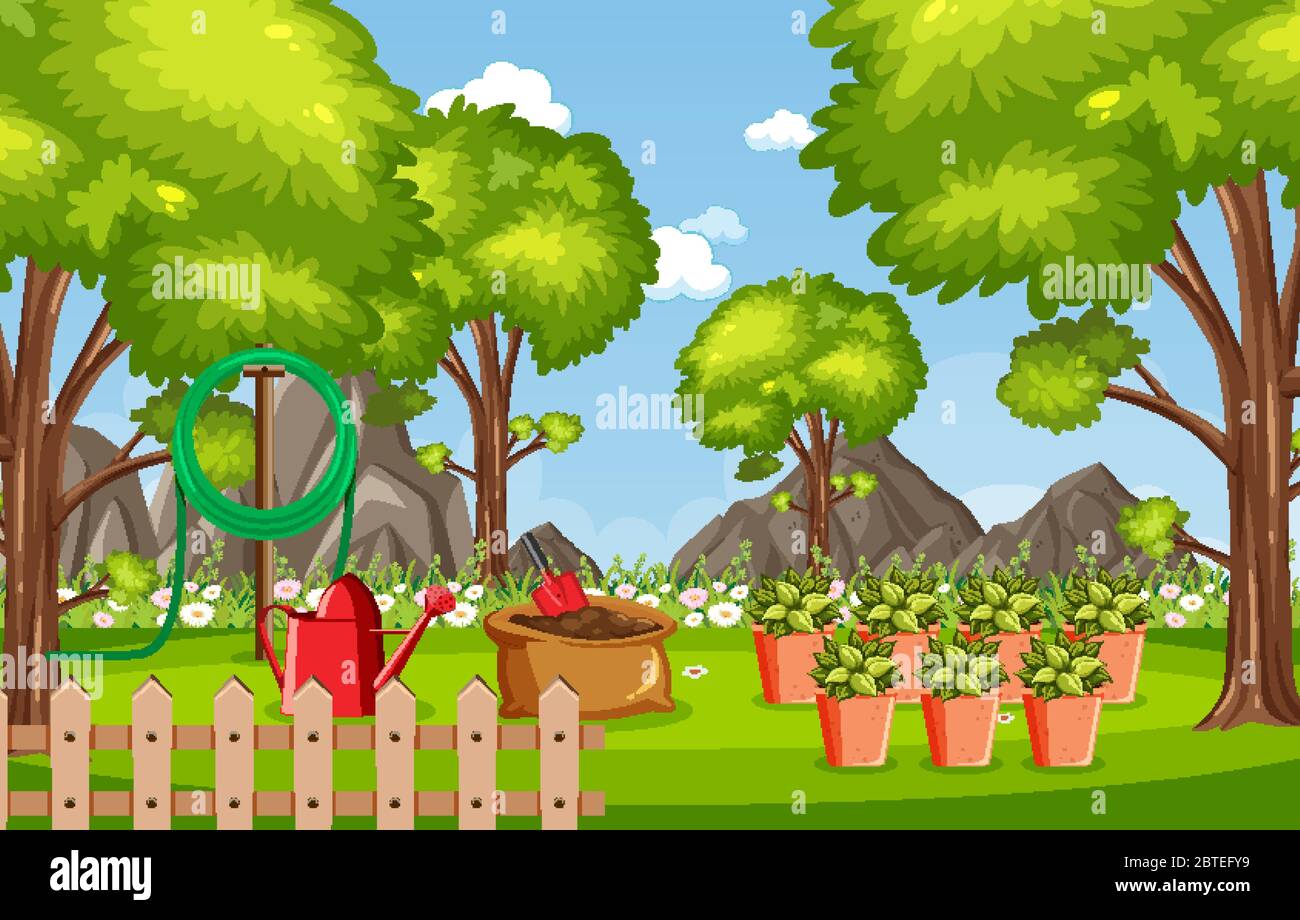 Background scene with gardening tools in the park illustration Stock Vector  Image & Art - Alamy