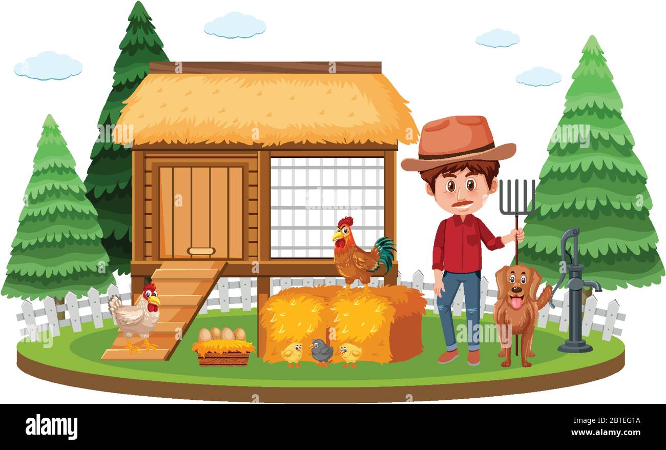 Farm scene with farmer and chickens on the farm illustration Stock Vector