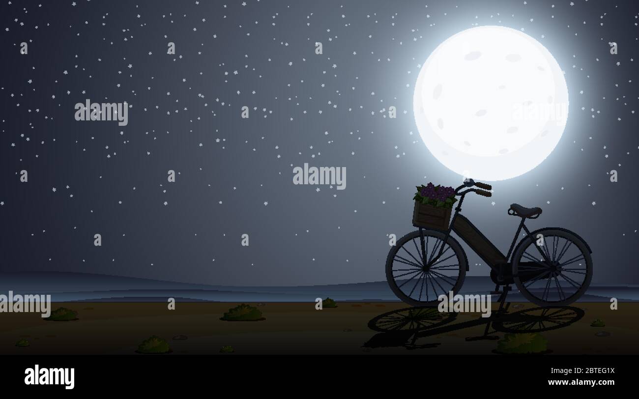 Silhouette scene wtih bicycle at night time illustration Stock Vector