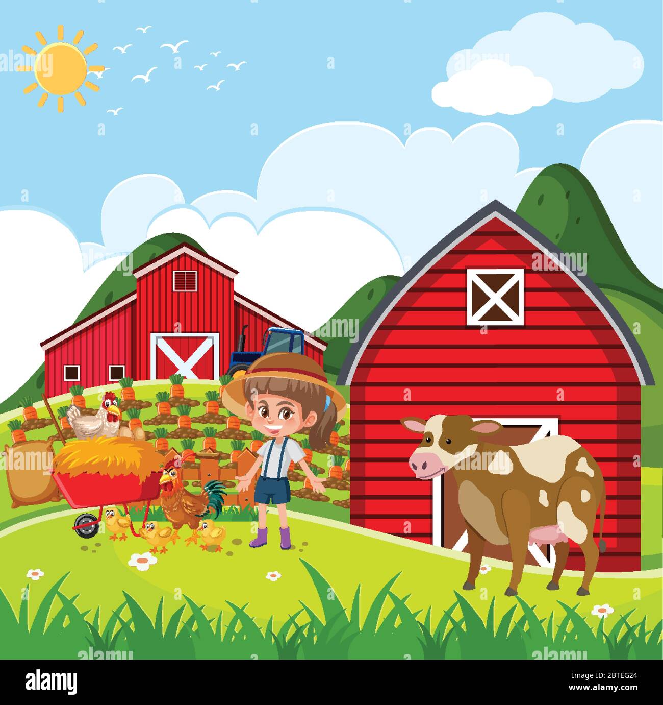 Farm scene with girl and chickens on the farm illustration Stock Vector ...