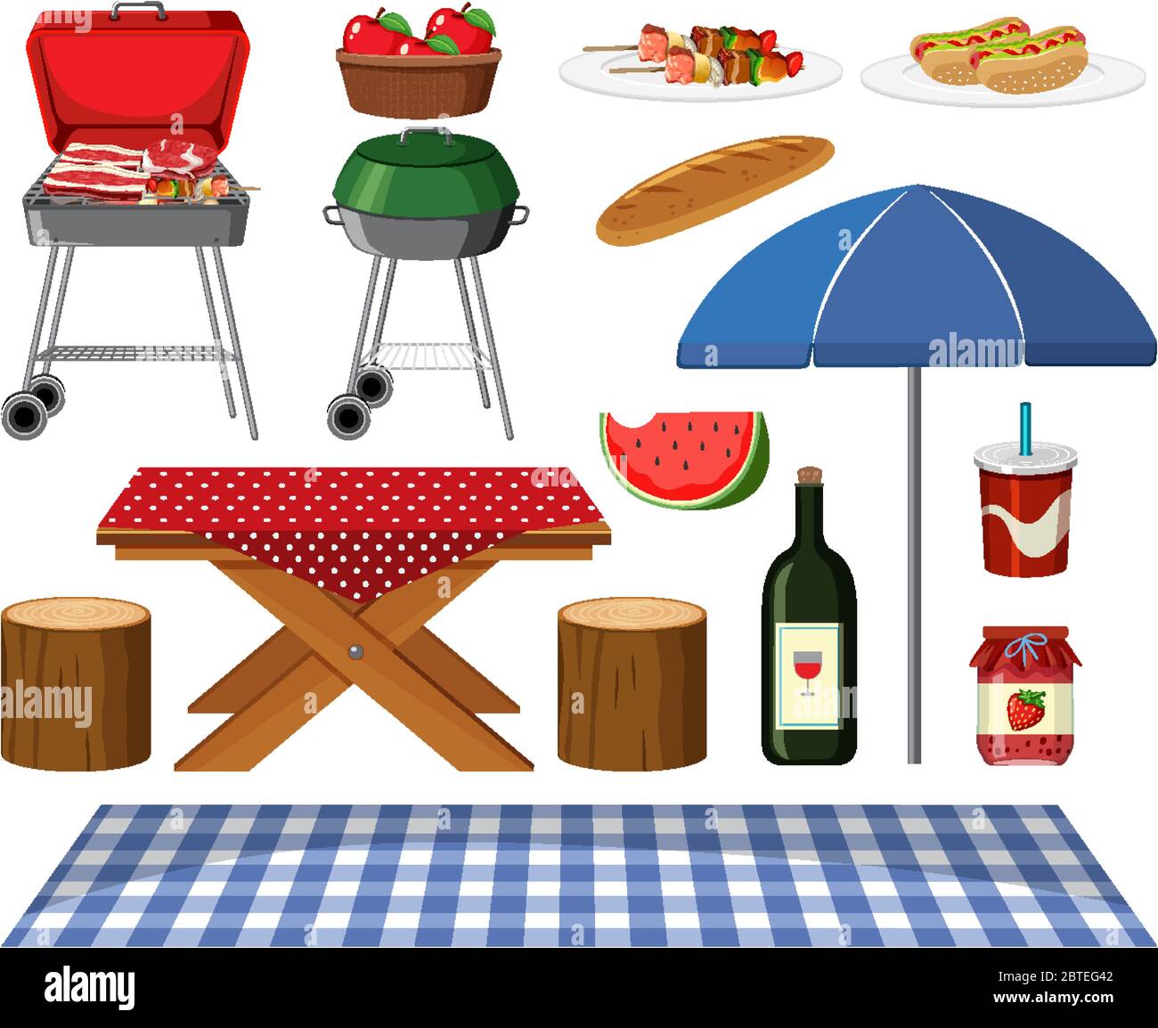 Picnic set with BBQ grill and food on white background illustration ...