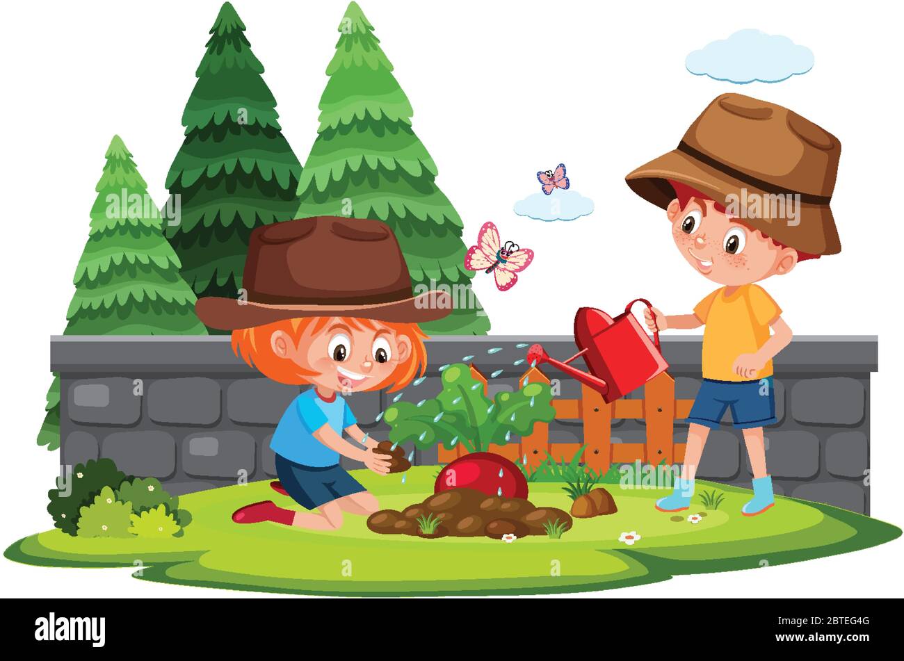 Farm scene with boy and girl planting vegetable illustration Stock ...
