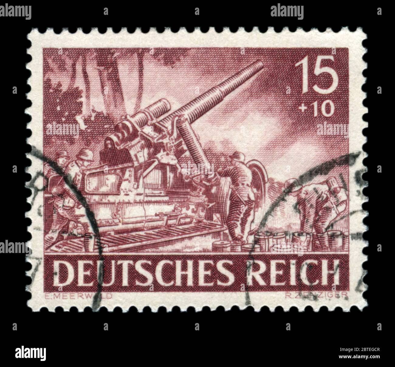 German historical stamp: 17 cm Cannon 18 on Heavy Howitzer Carriage, Artillery troops. The heavy artillery of the Wehrmacht, memorial day issue 1943 Stock Photo