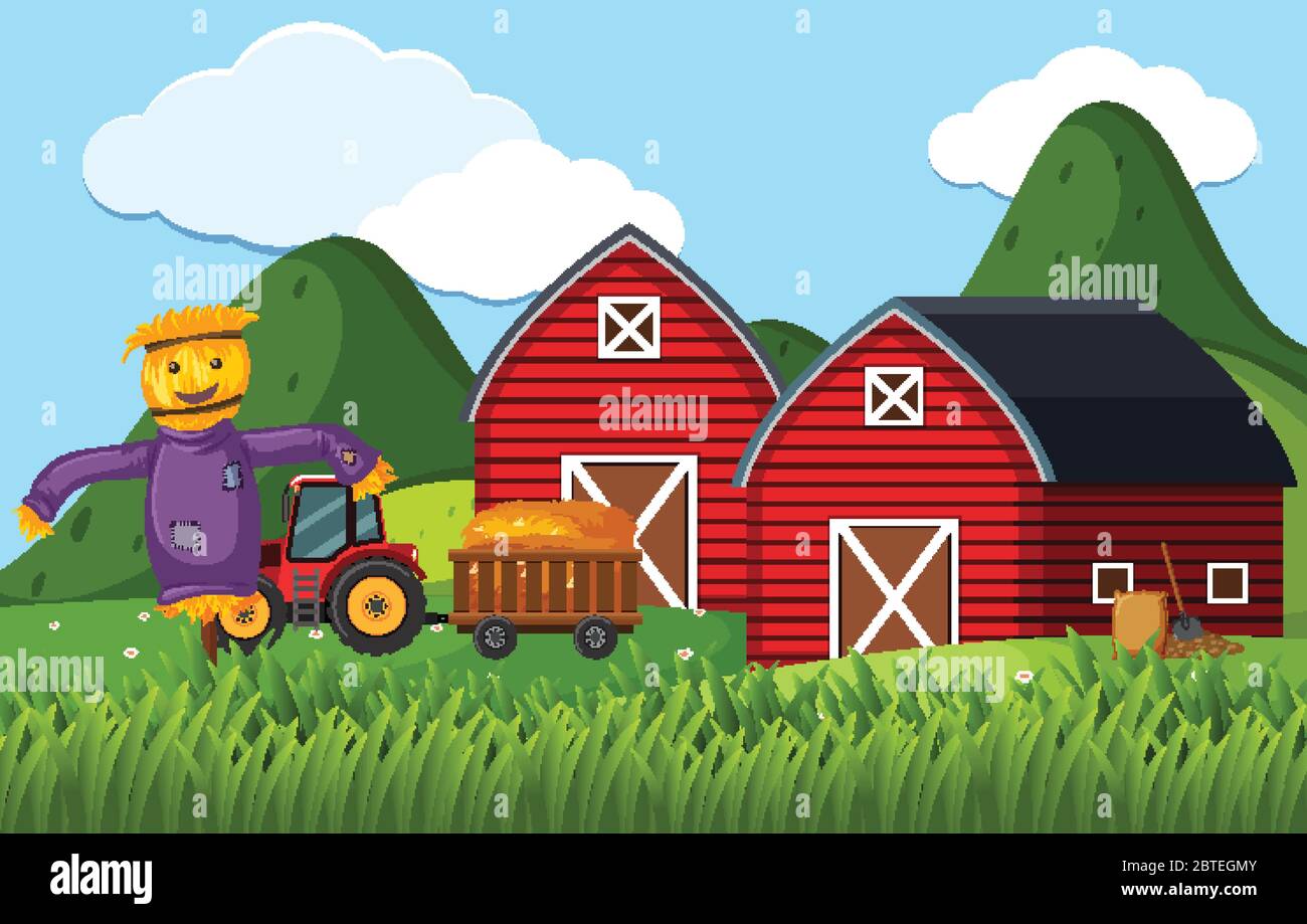 Farm scene with scarecrow and tractor by the barns illustration Stock ...