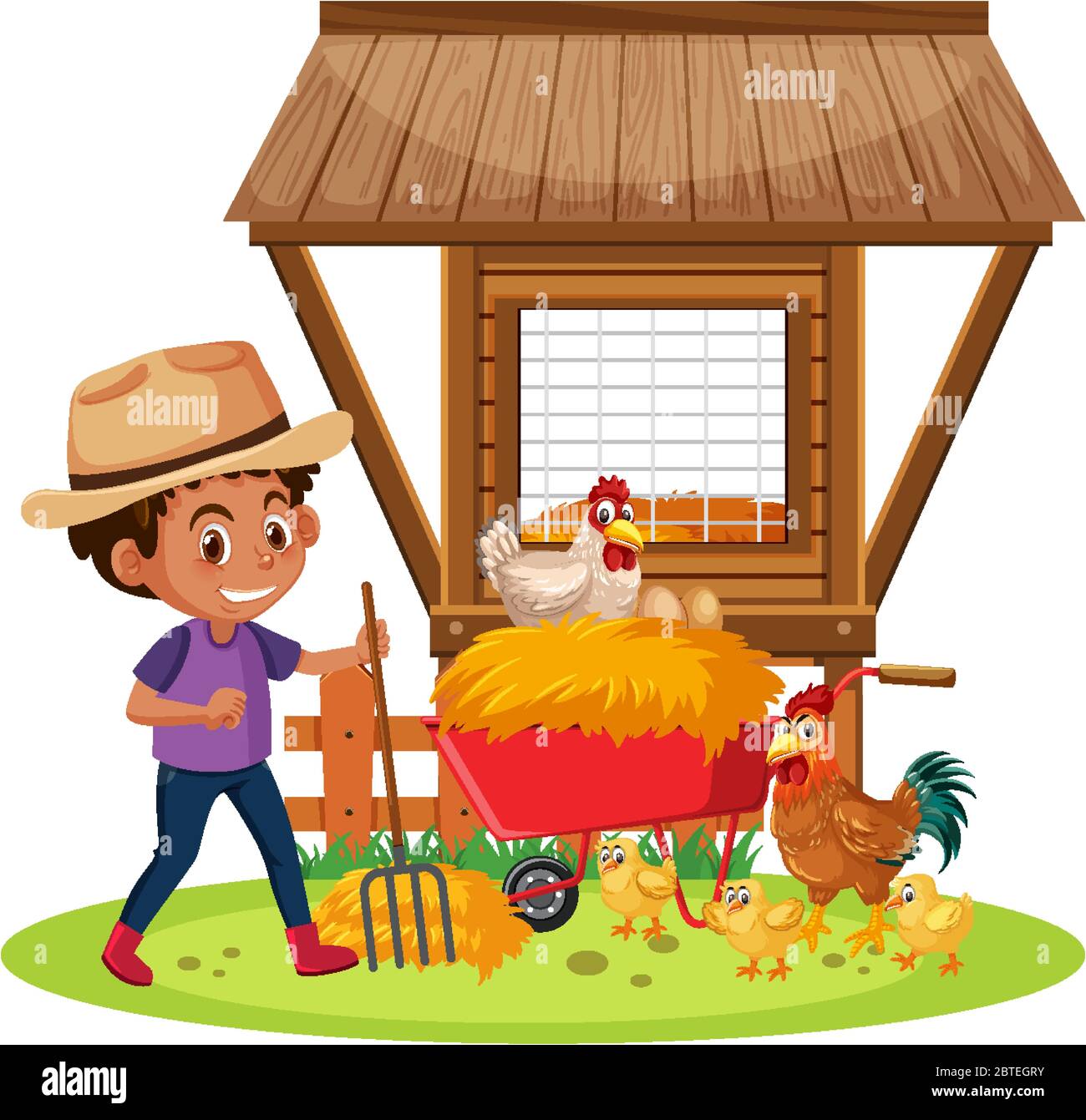 Farm scene with boy and chickens on white background illustration Stock ...