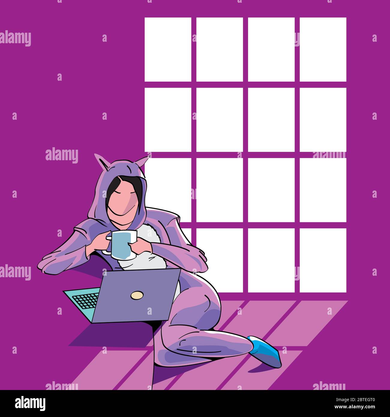 sketch of a young girl in a dressing gown sitting working at home with a large window behind him Stock Vector