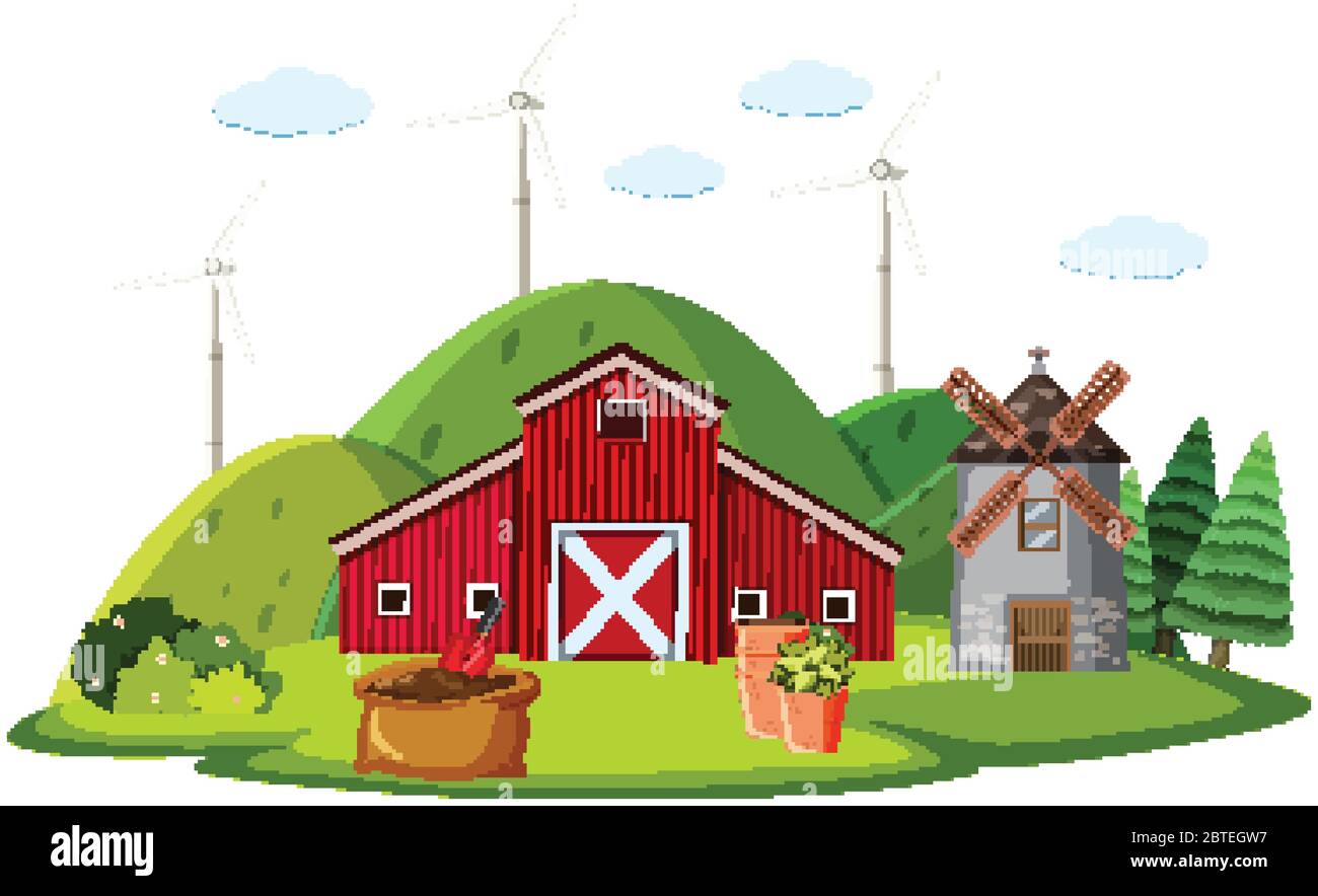 Farm scene with red barn and windmill illustration Stock Vector Image ...