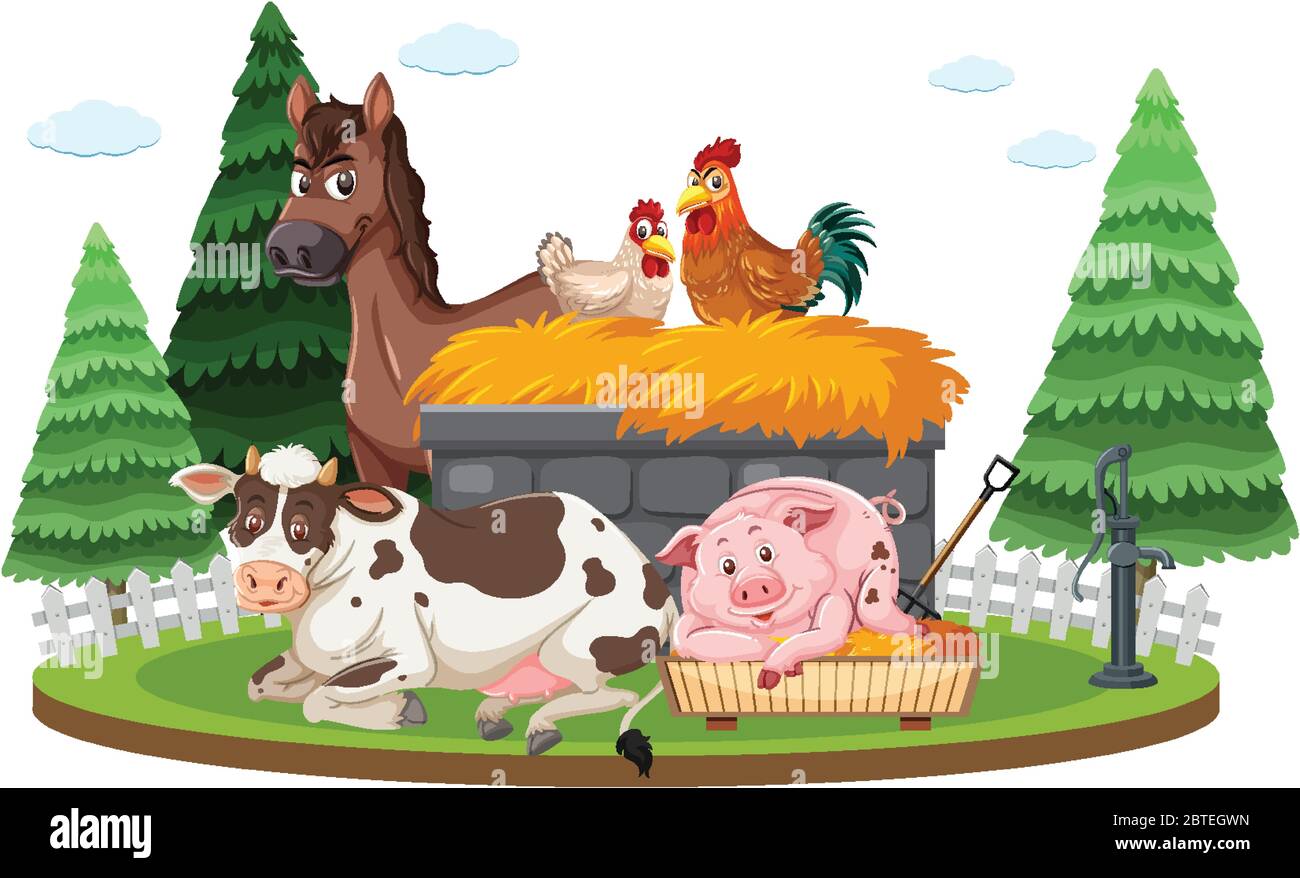 Farm scene with many animals on the farm illustration Stock Vector ...