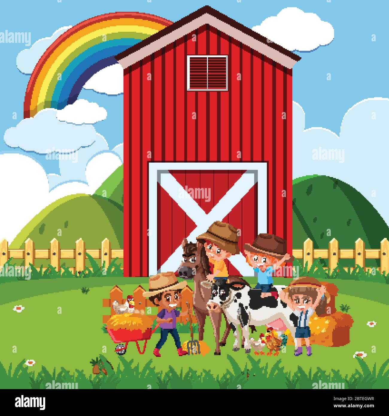 Farm scene with children and many animals on the farm illustration ...