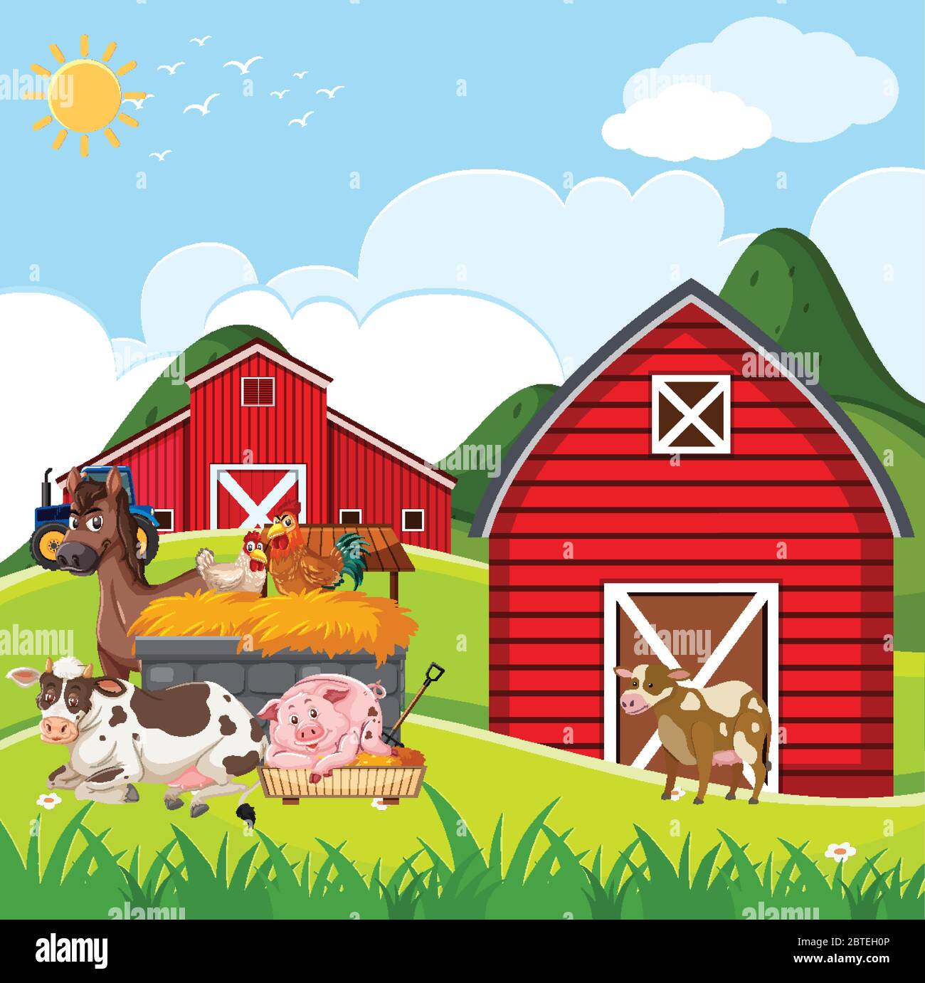 Farm scene with many animals on the farm illustration Stock Vector ...