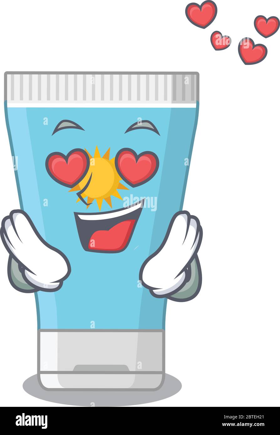 Romantic sunblock cream cartoon character has a falling in love eyes