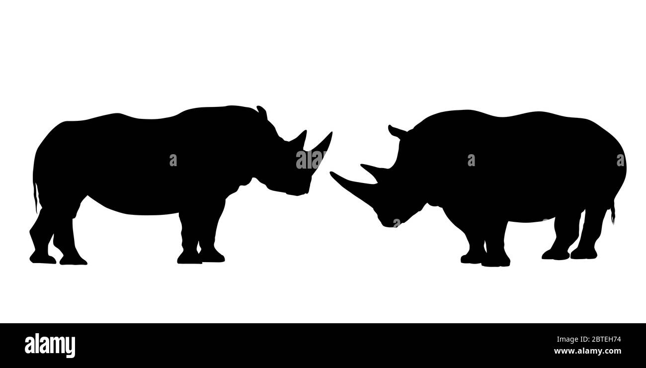 Set of black and white silhouettes of rhinoceros with two horns - isolated vector on white background Stock Vector