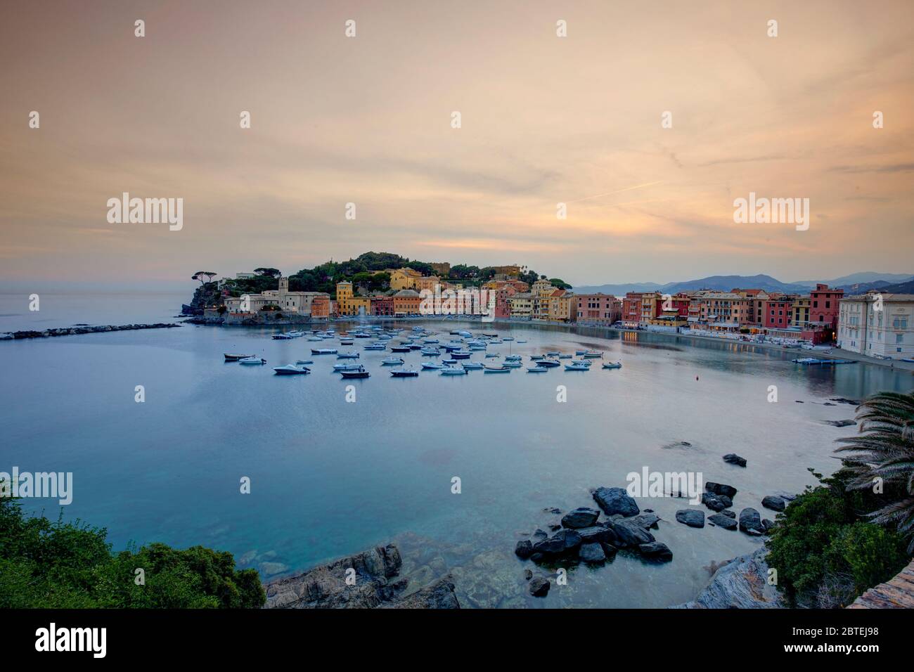Silent bay at sunset, Sestri Levante, Italy Stock Photo