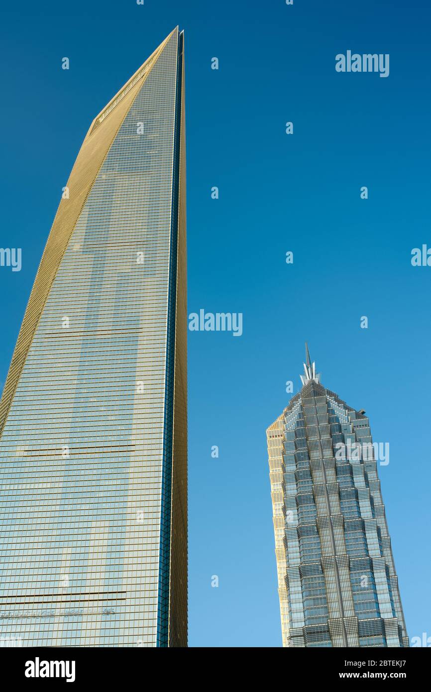 Pudong, Shanghai, China, Asia - View of the SWFC, Shanghai World Financial center at left and Jinmao Tower at right. Stock Photo