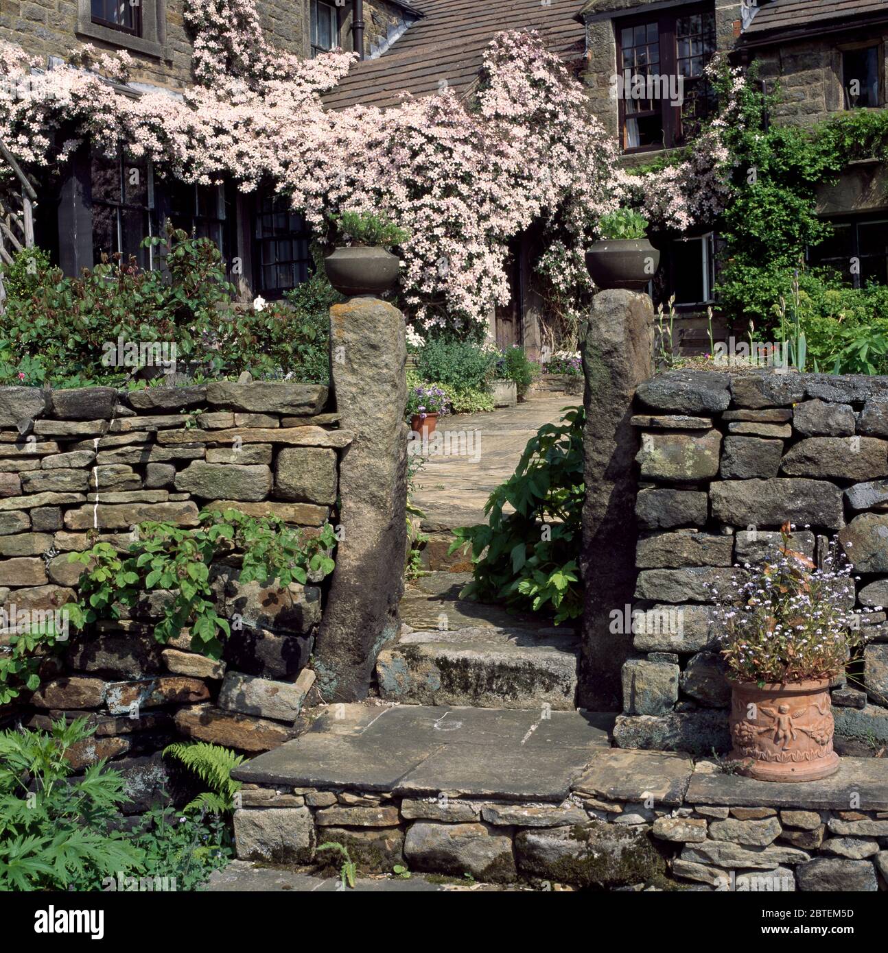 Old stone gate posts on drystone wall in garden Stock Photo