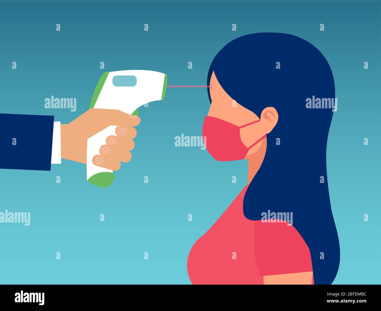 Vector of a man hand with scanner measuring body temperature of a woman on blue background Stock Vector
