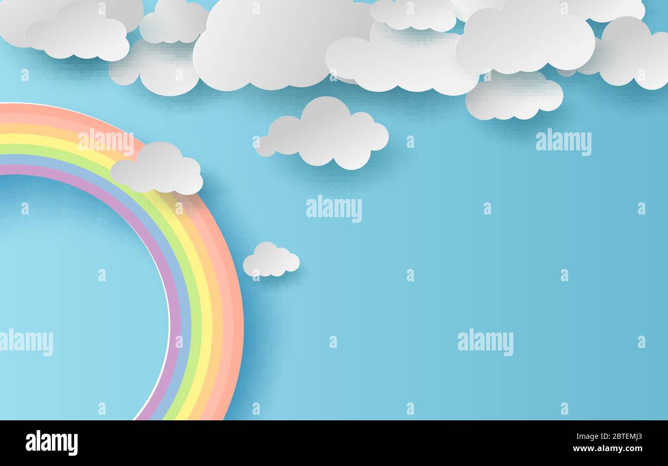 3D illustration summer season landscape with a rainbow on blue sky  background. Cloudscape on Clean and minimal paper  design Paper  cut and Stock Vector Image & Art - Alamy
