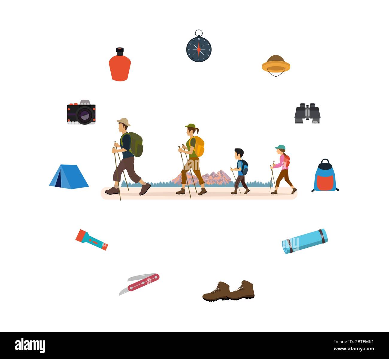 Vector of a young family man,woman and children hiking outdoors using trekking gear Stock Vector