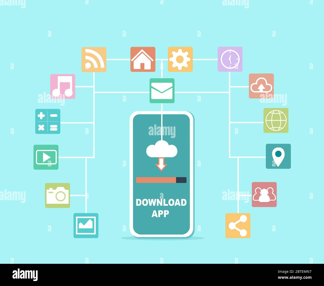 Vector of a smartphone and multiple application icons on a blue