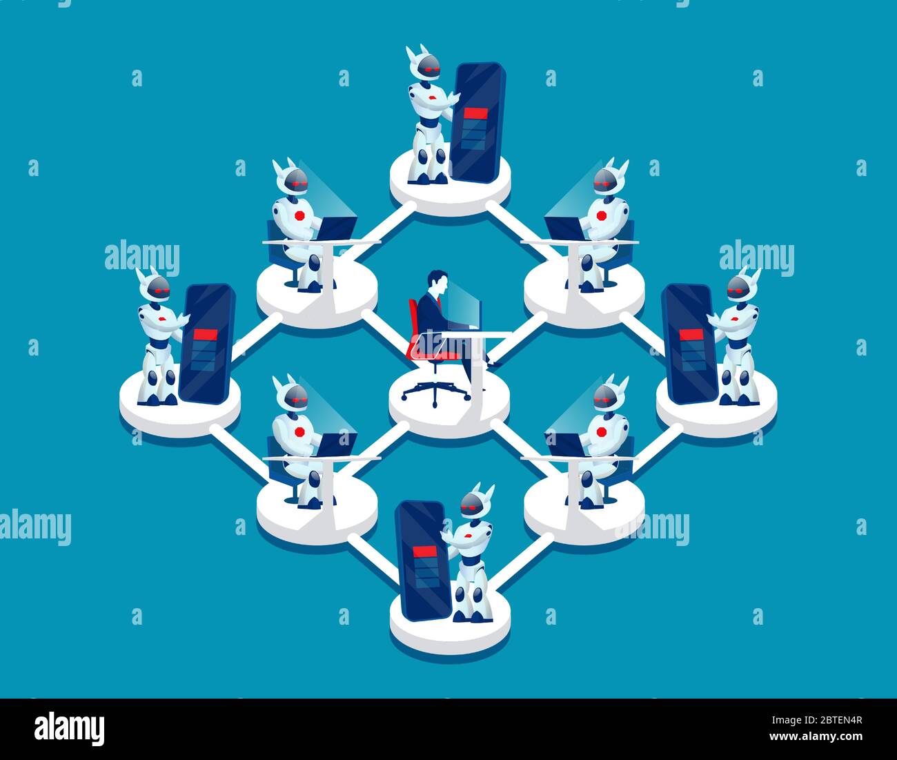 Vector of a businessman controlling managing a network of robots Stock Vector