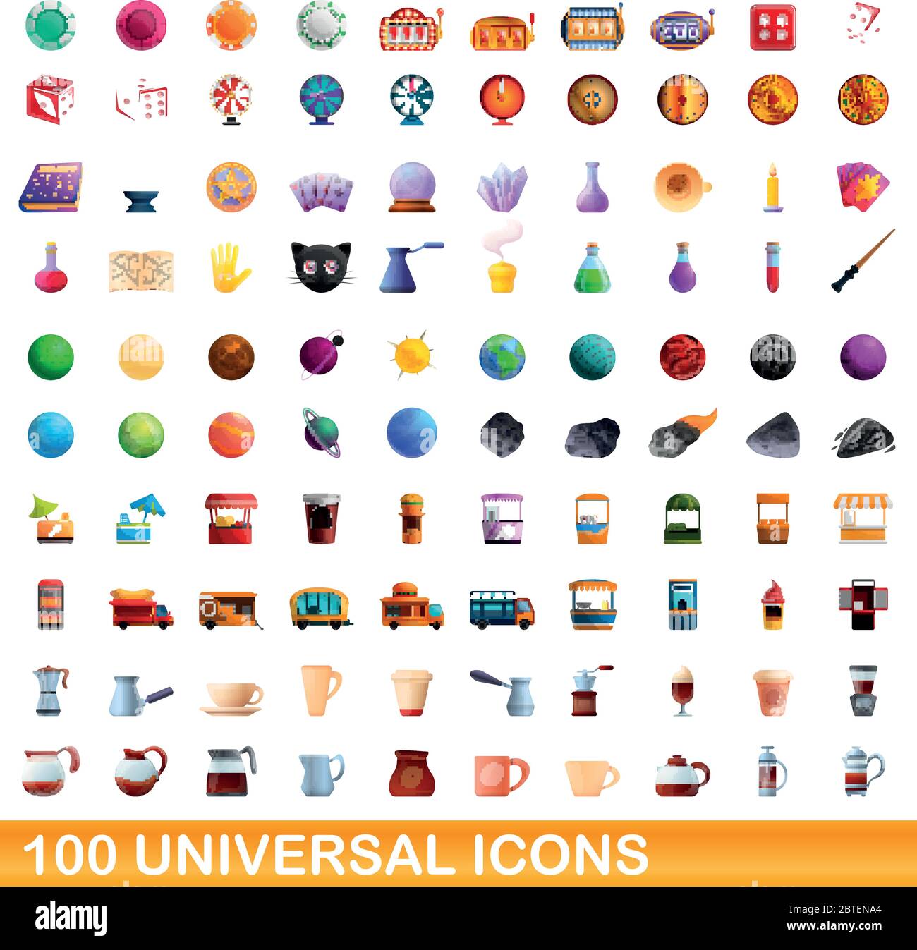 100 universal icons set. Cartoon illustration of 100 universal icons ...