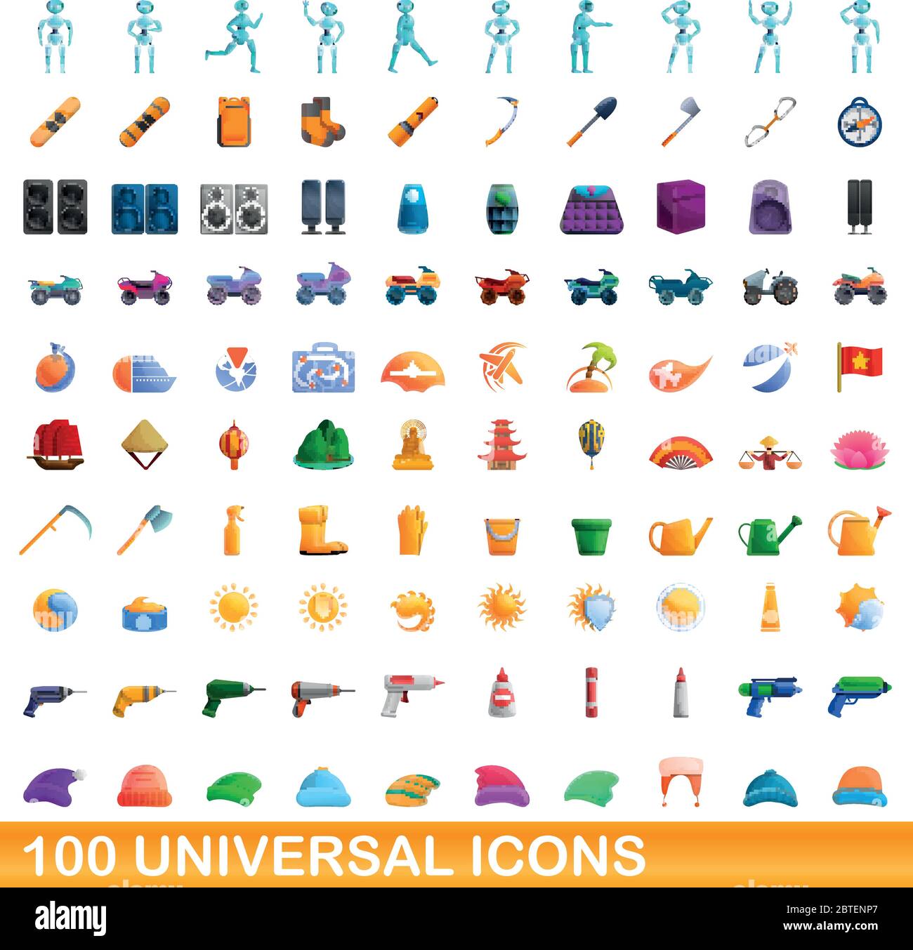 100 universal icons set. Cartoon illustration of 100 universal icons ...