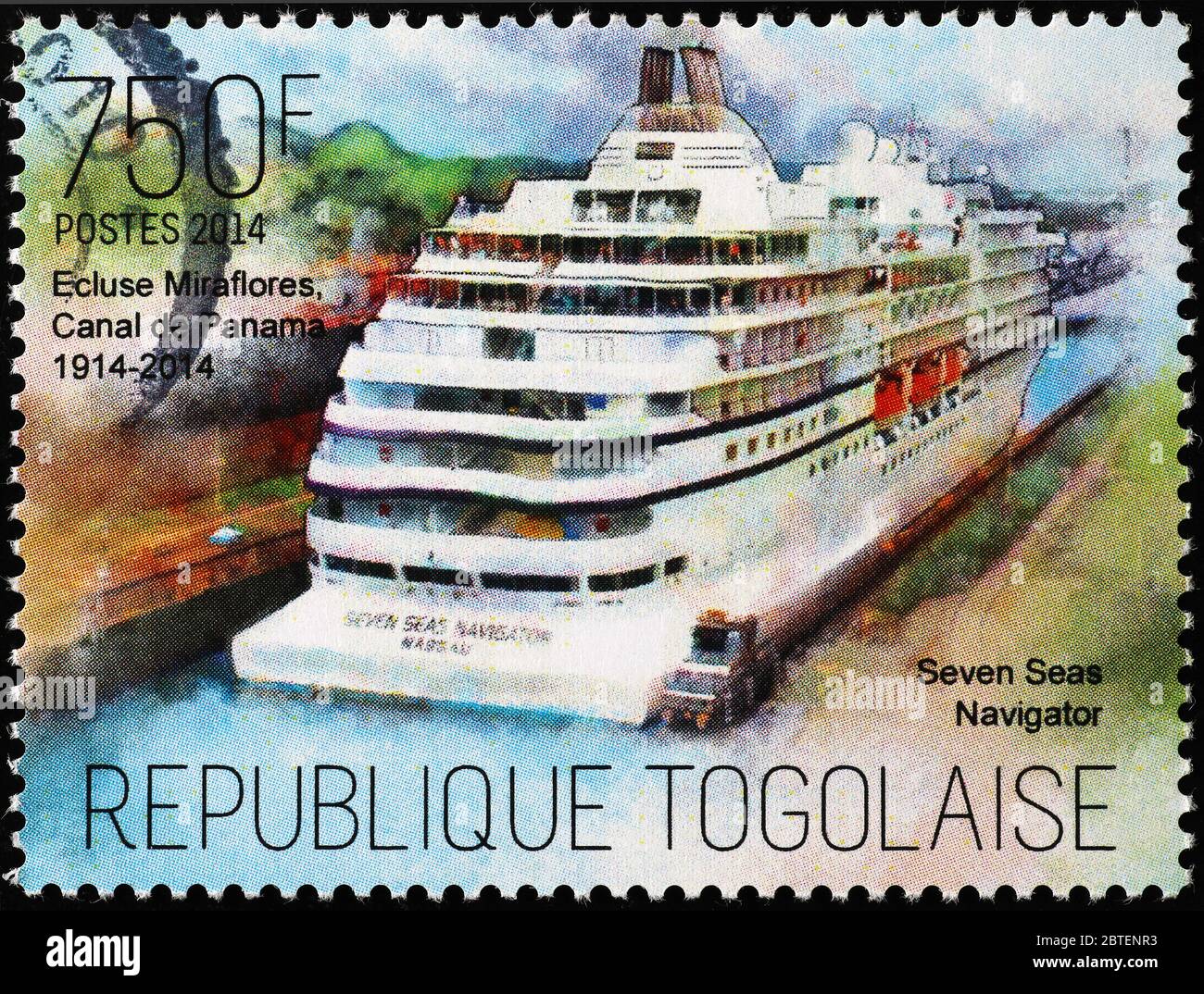 Cruise Seven seas navigator in Panama canal on stamp Stock Photo