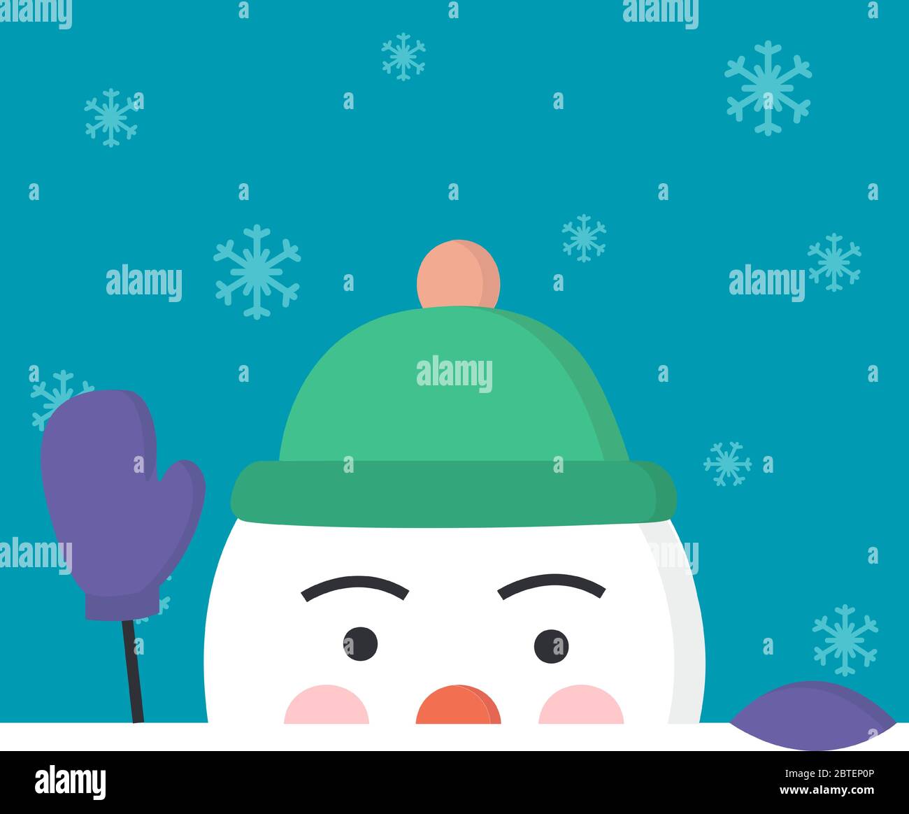 Concept christmas and winter. Half head of snowman welcomes with a hand in a mitten. Snowflakes fly on the blue background Stock Vector
